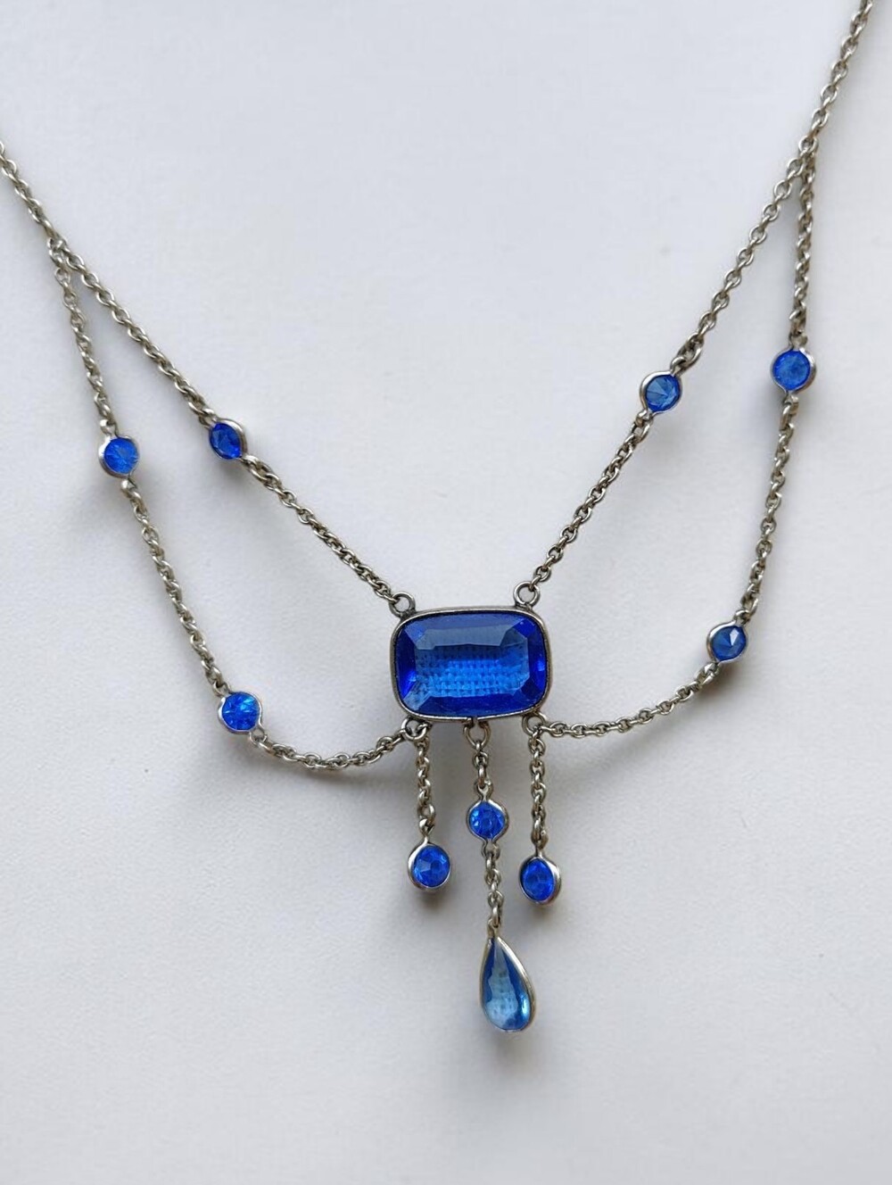 🔥 Antique Victorian 835 German Silver Blue Sapphire Czech Glass Necklace